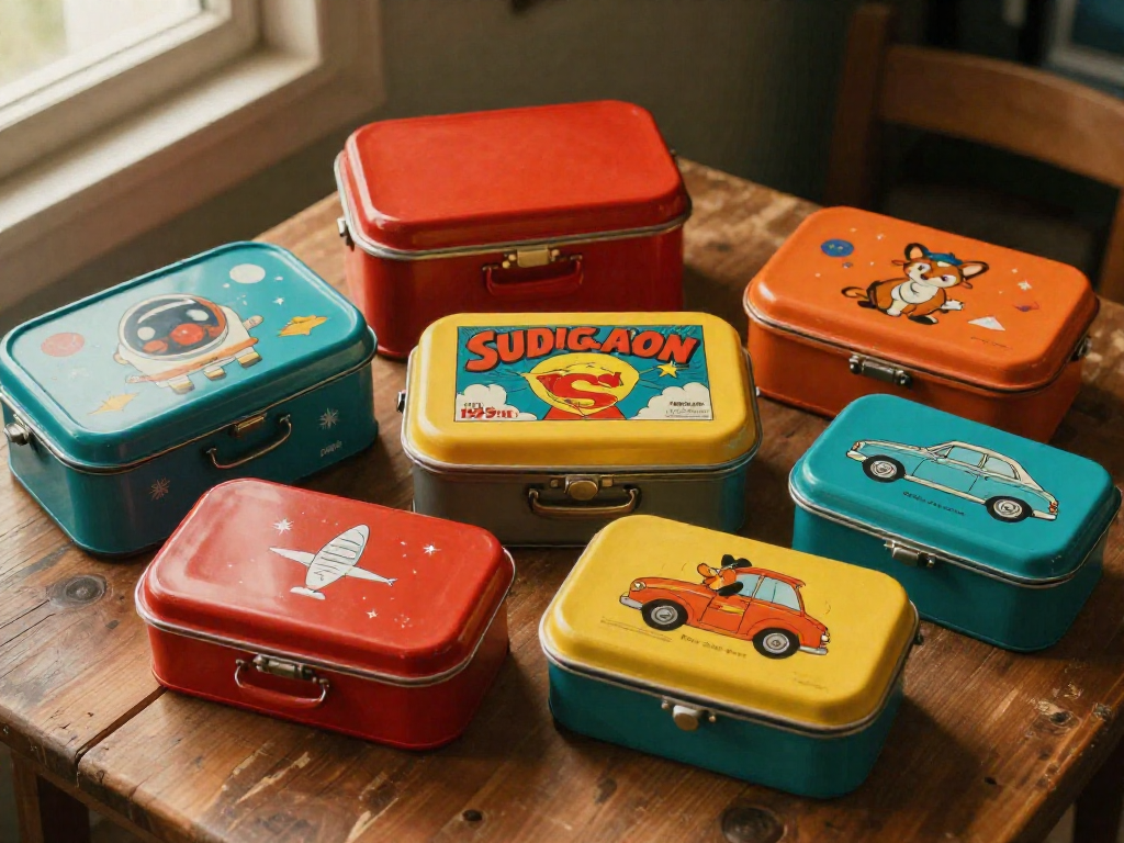 A flat-lay of colorful vintage metal lunchboxes with various classic themes, arranged on a wooden table.