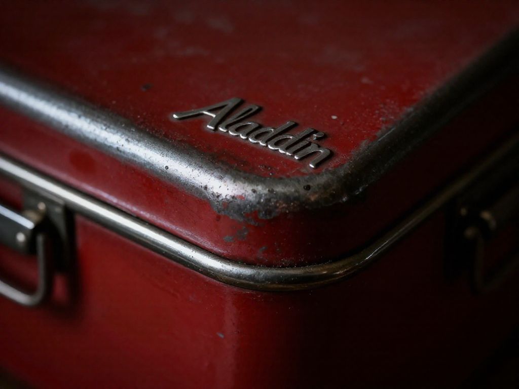 Close-up of an embossed Aladdin maker's mark on a vintage metal lunchbox, with worn red paint and metal scratches.