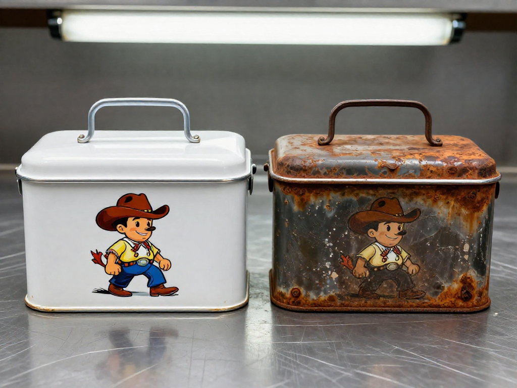 A side-by-side comparison of two vintage metal lunchboxes with a cowboy design: one in mint condition, the other rusty and dented, on a workbench.