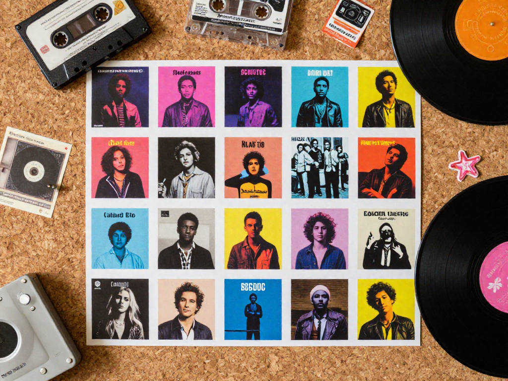 A vertical grid collage of 15 stylized album covers from the 1970s to 1990s, pinned on a corkboard with nostalgic trinkets like a cassette tape and vintage stickers.