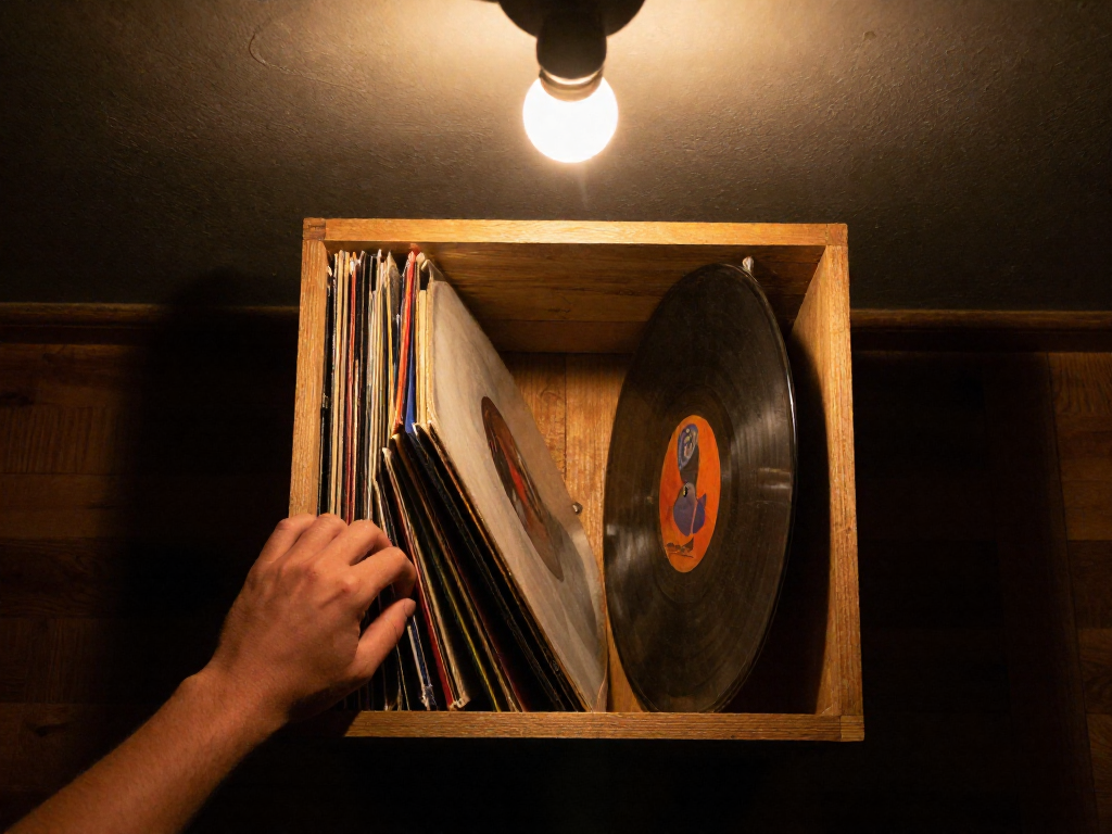 Top-down view of a hand flipping through vinyl records in a wooden crate, showing colorful, vintage-style album spines in warm, moody light.