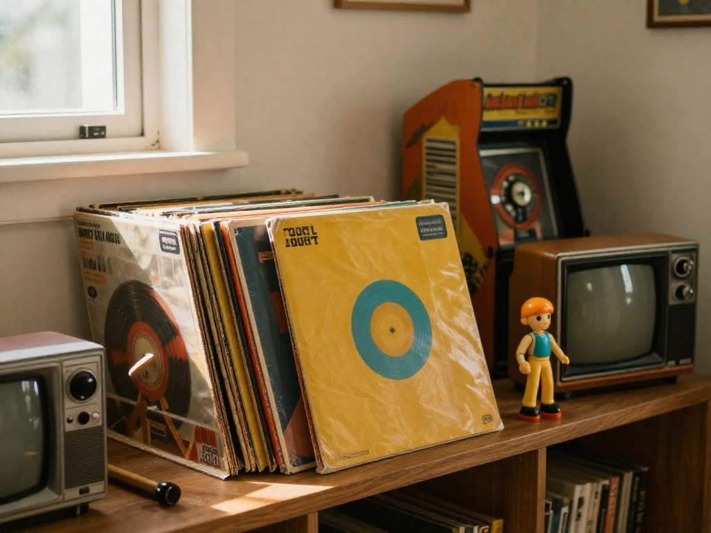 A shelf displaying retro collectibles including vinyl records, action figures, and an arcade bank, bathed in warm natural light in a cozy room.