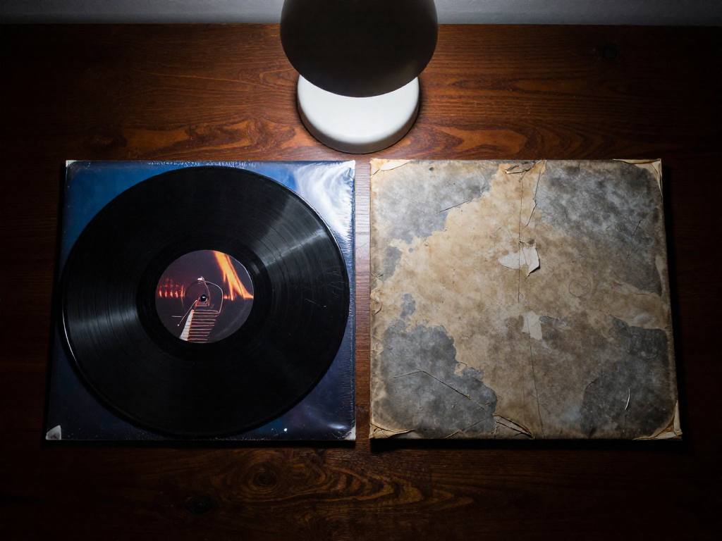 Side-by-side comparison of a near-mint vinyl record with a glossy sleeve and a worn record with scuffed, faded cover under dramatic lighting.