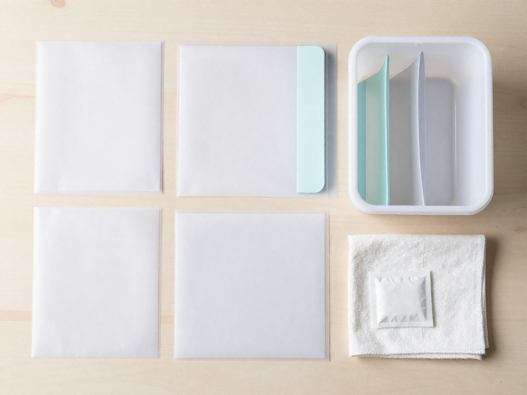 Top-down view of organized archival storage supplies for vinyl records including sleeves, bins, and dividers on a wood surface.
