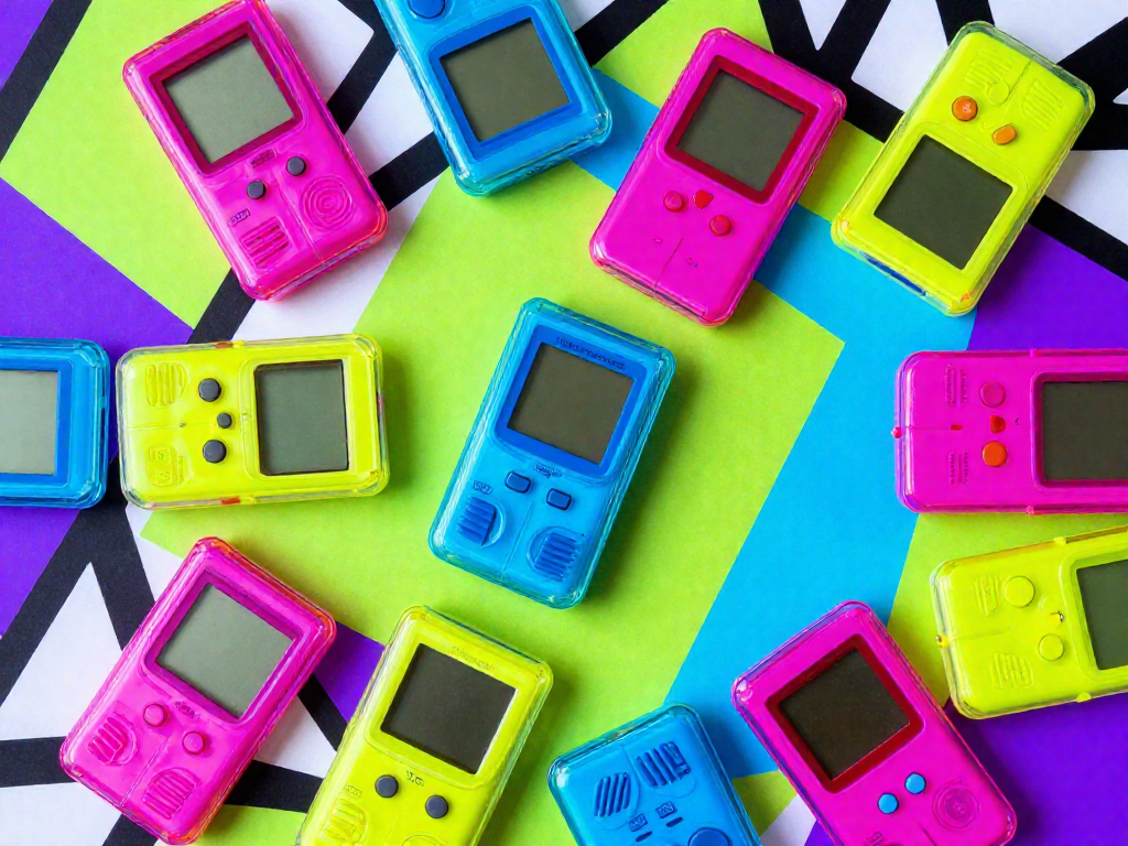 An overhead view of several colorful handheld electronic game devices from the 1990s arranged on a vibrant patterned surface.