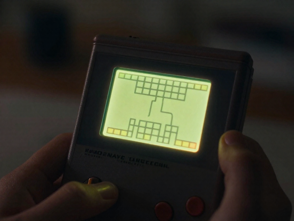 Close-up of a person's hands holding a vintage handheld electronic game, focusing on the illuminated screen displaying a simple game.