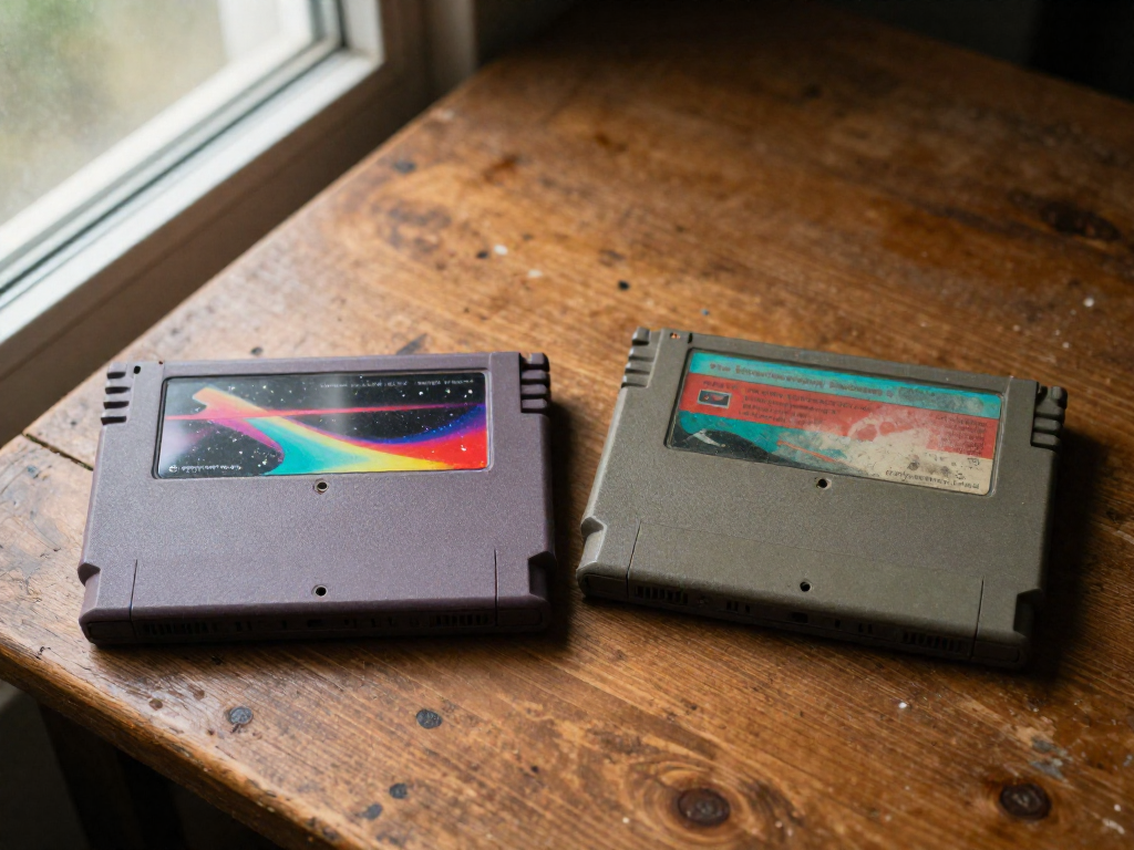 Two retro game cartridges side by side on a wooden surface, one authentic with vibrant label and the other counterfeit with faded label, demonstrating visual differences.