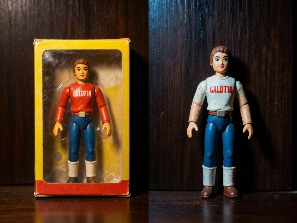 A mint-in-box vintage action figure in its original box sits next to the same figure outside the box showing signs of play and age.
