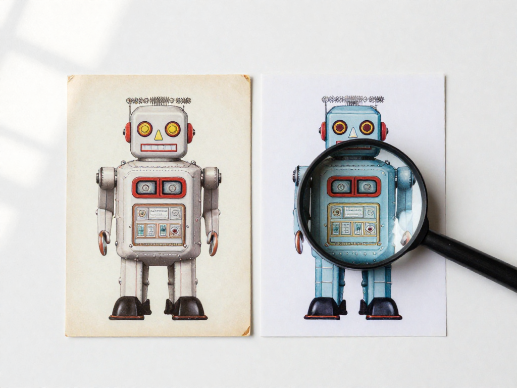 An original vintage toy card with faded colors and slight wear next to a bright, flawless reproduction card, with a magnifying glass highlighting a detail.
