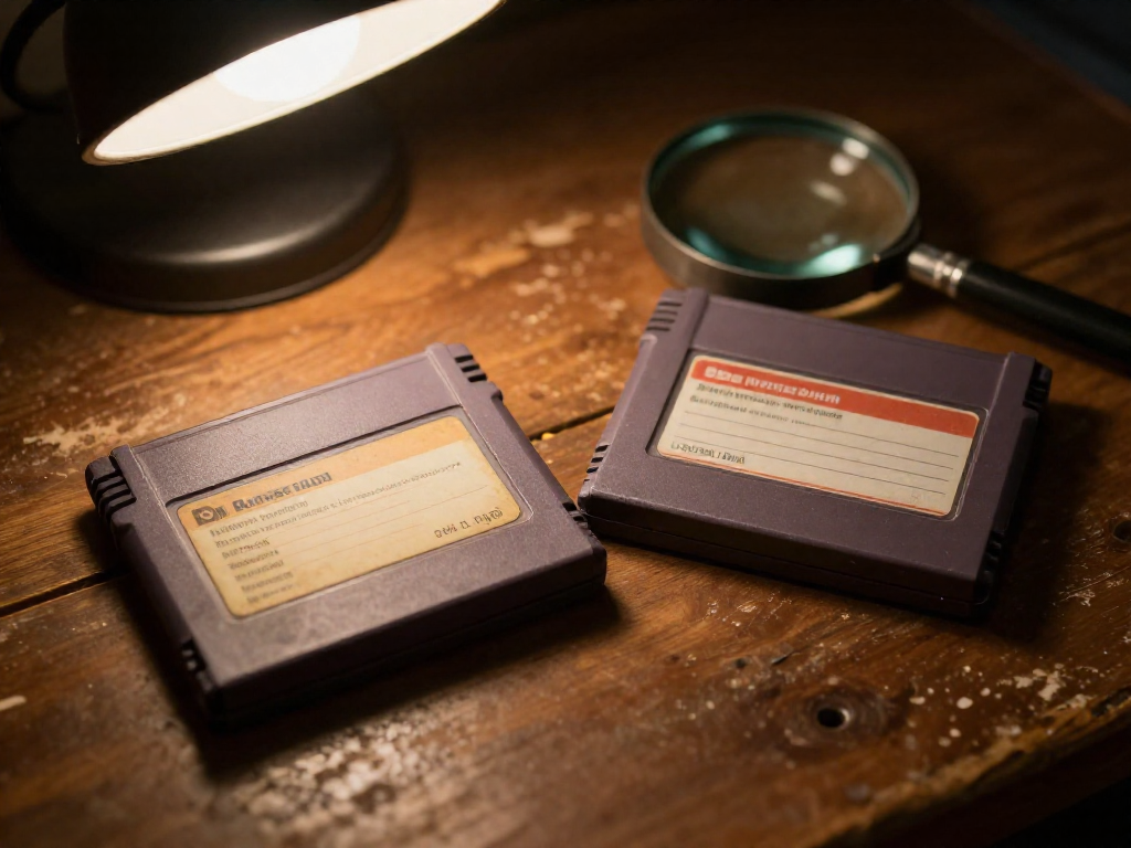 Two retro game cartridges placed side by side on a wooden surface, one original with aged label and one reproduction, under a magnifying glass.