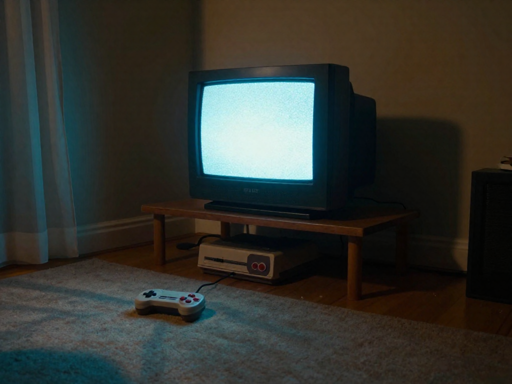 A retro gaming console and CRT television in a dimly lit room, with a controller on the carpeted floor, illuminated by the screen's glow.