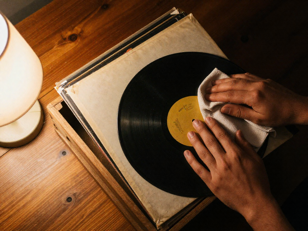 A wooden crate filled with dusty vinyl records, with a hand holding a record and microfiber cloth.