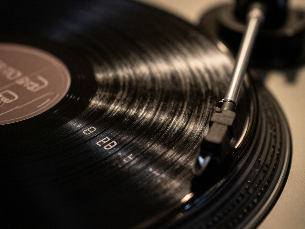 Extreme close-up of the runout groove on a vinyl record, showing faint etched matrix numbers.