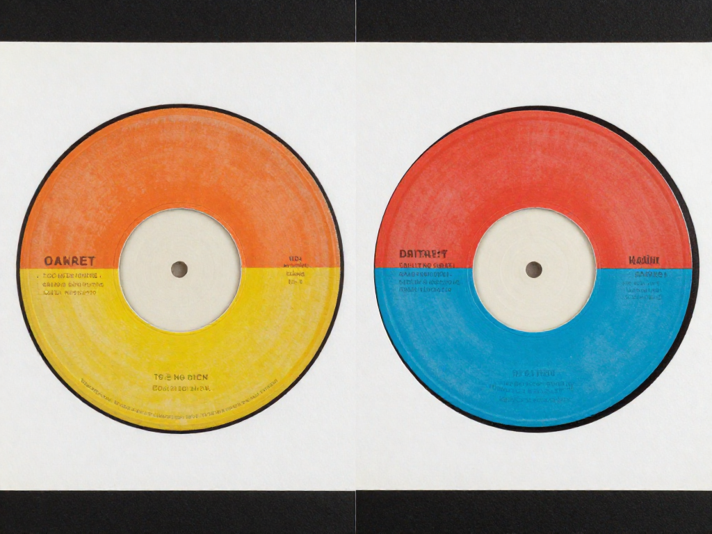 Two vintage records placed side by side, comparing an original faded label with a bright reissue label.