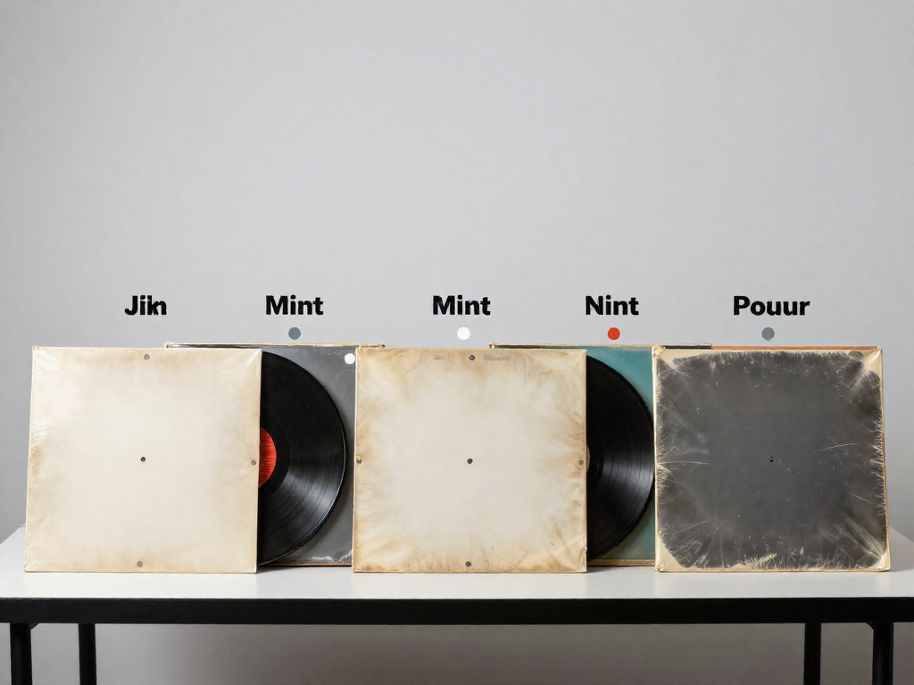 A lineup of record jackets showing progressively worse condition, from mint to poor.