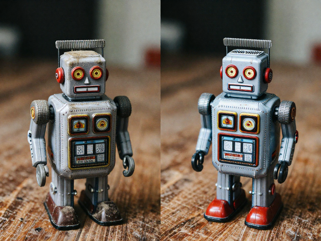 Side-by-side comparison of a grimy vintage robot toy on the left and the same toy cleaned and restored on the right.
