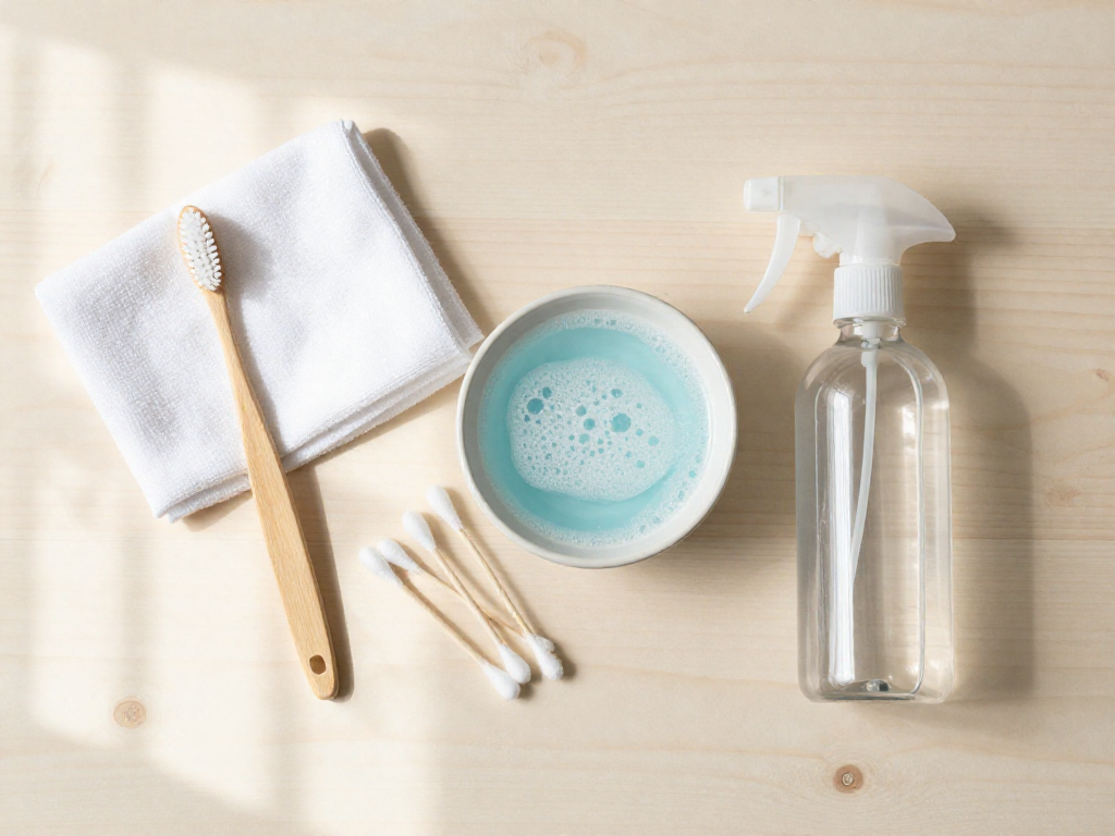 Overhead view of a vintage toy cleaning kit with toothbrush, microfiber cloth, cotton swabs, and bowl of soapy water on a wooden table.