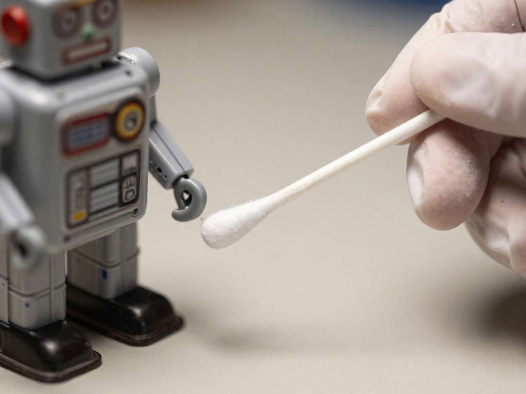 Close-up of a cotton swab carefully cleaning a detailed crevice of a vintage plastic robot toy.
