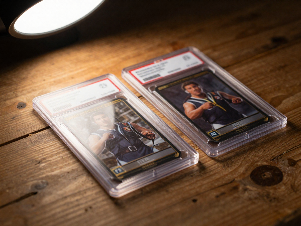 A raw trading card beside the same card in a transparent plastic grading case, showing the difference in presentation and protection.