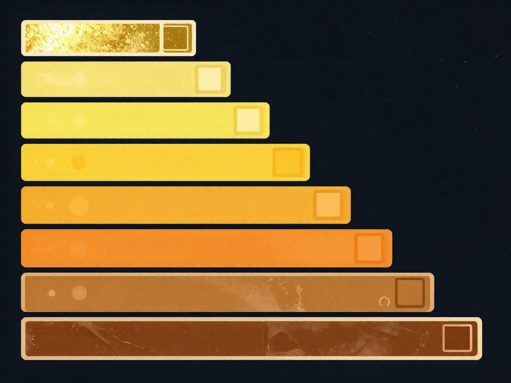 A vertical scale showing ten card icons changing from a shiny gold pristine card at the top to a worn brown damaged card at the bottom.