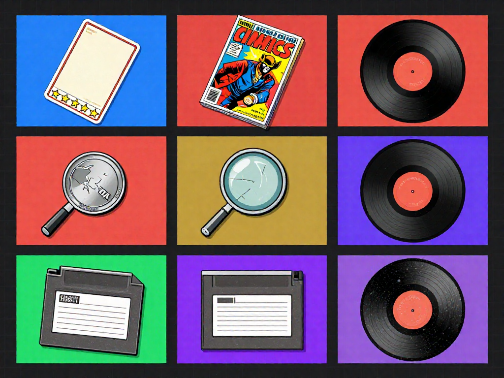 A chart with five rows illustrating condition scales for trading cards, comics, coins, game cartridges, and vinyl using visual icons.