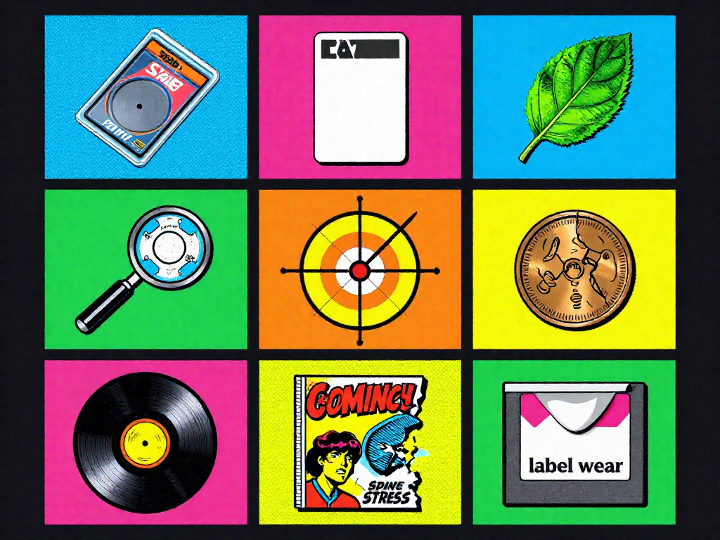 A retro 80s style poster with nine icons symbolizing grading terms like slab, raw, mint, whitening, and centering.