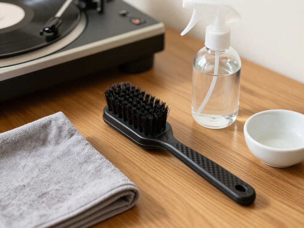 Overhead view of vinyl record cleaning supplies: a carbon fiber brush, microfiber cloth, spray bottle with distilled water, and a small bowl on a wooden surface.