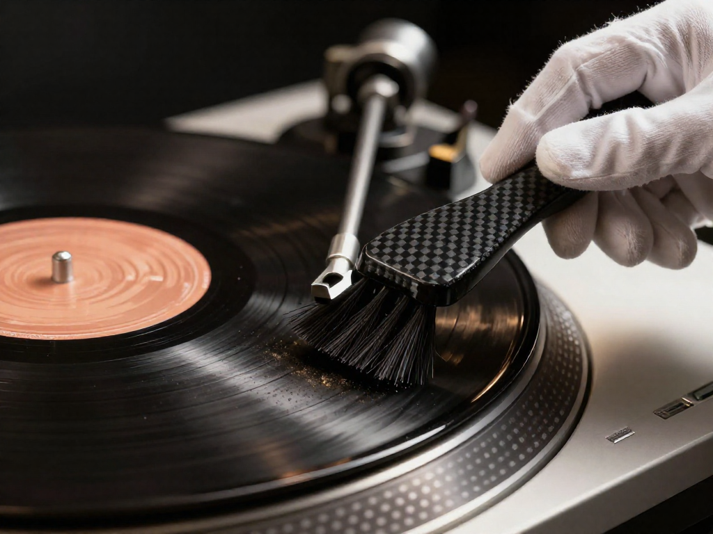 Hand holding a carbon fiber brush cleaning dust off a spinning vinyl record on a turntable.