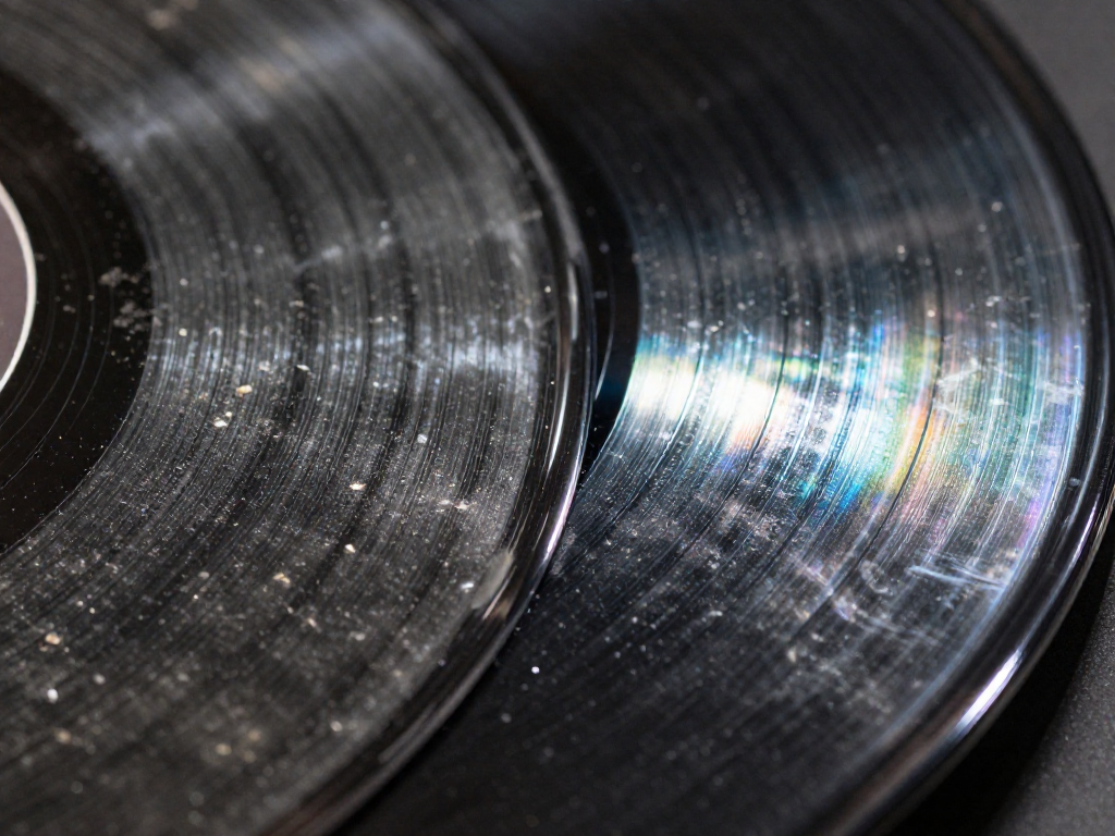 Close-up of vinyl record grooves: left side dirty and dull, right side clean and reflective.