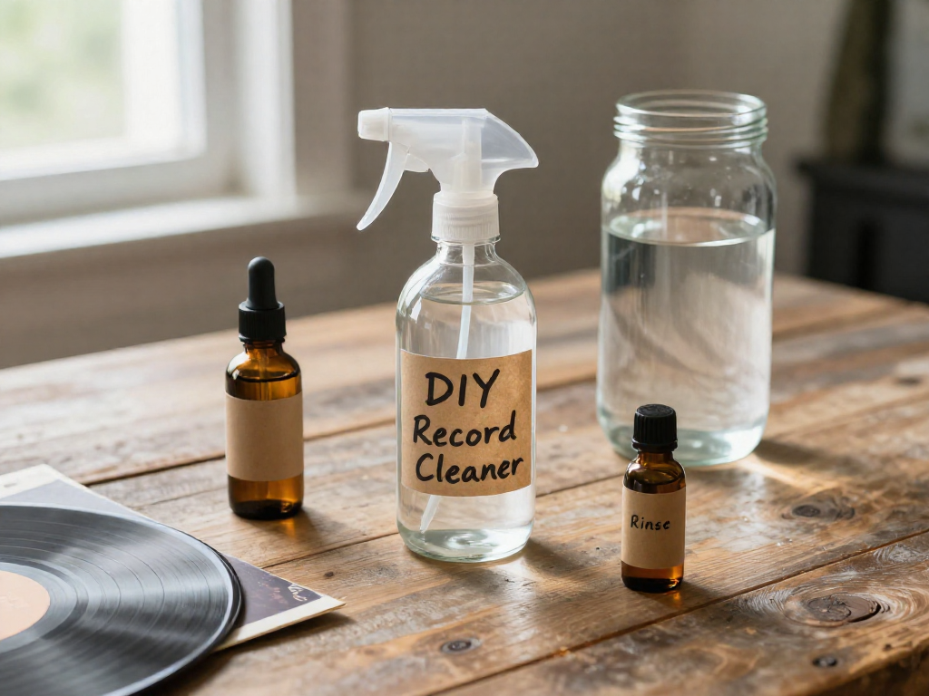Flat-lay of a glass spray bottle labeled 'DIY Record Cleaner' with ingredients including isopropyl alcohol, distilled water, and rinse agent on a wooden table.