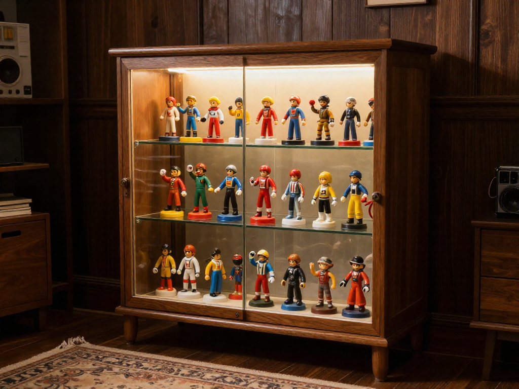A glass-front wooden cabinet containing vintage action figures, softly lit from within, in a dim room.