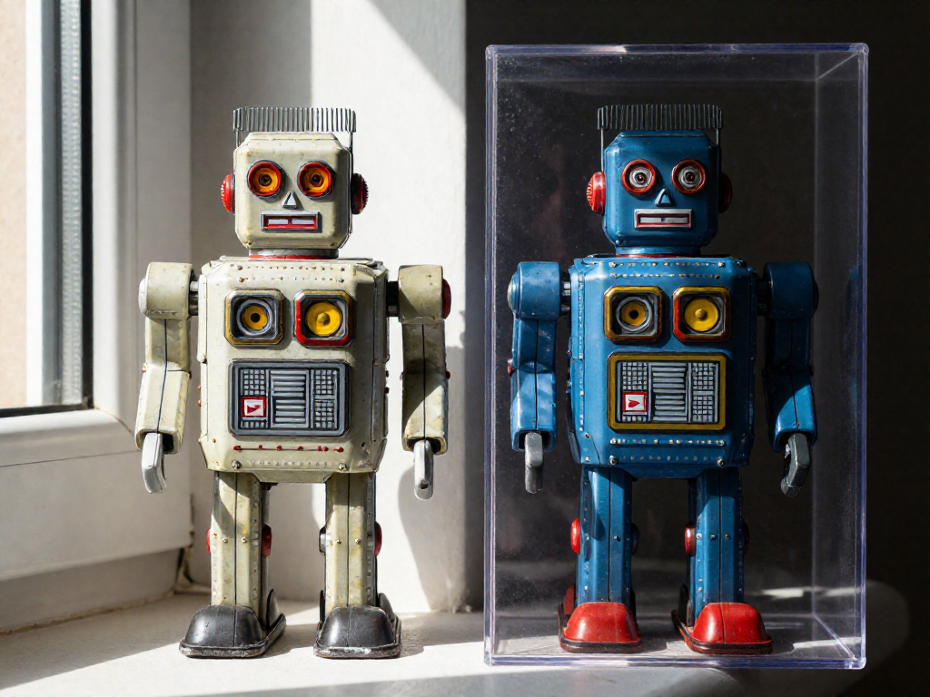 Two identical robot toys on a windowsill, one sun-faded and pale, the other vibrant and protected from UV light.