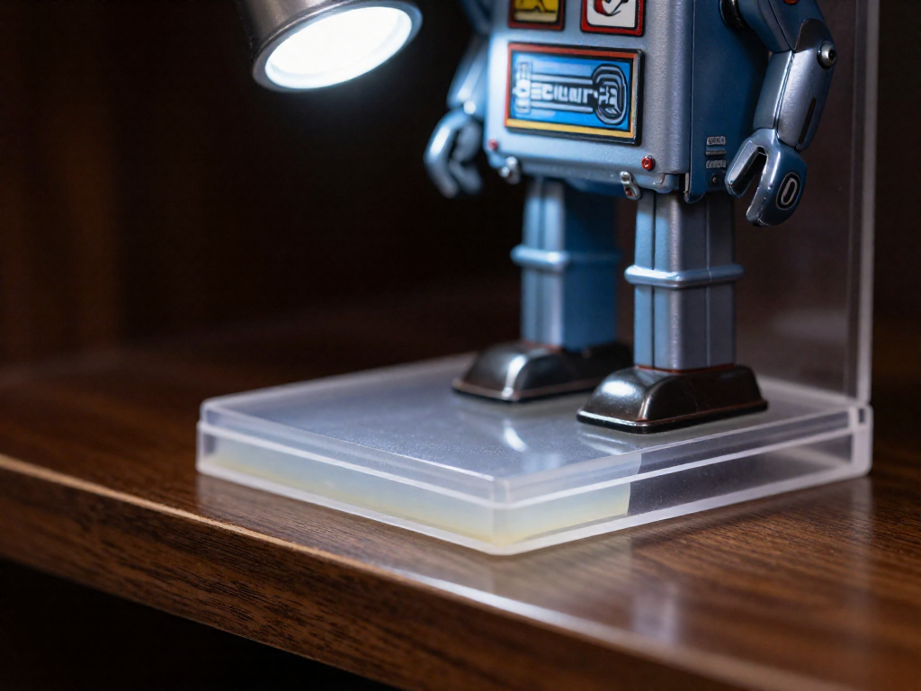 A close-up of clear museum putty and an acrylic stand holding a retro robot figure on a shelf.