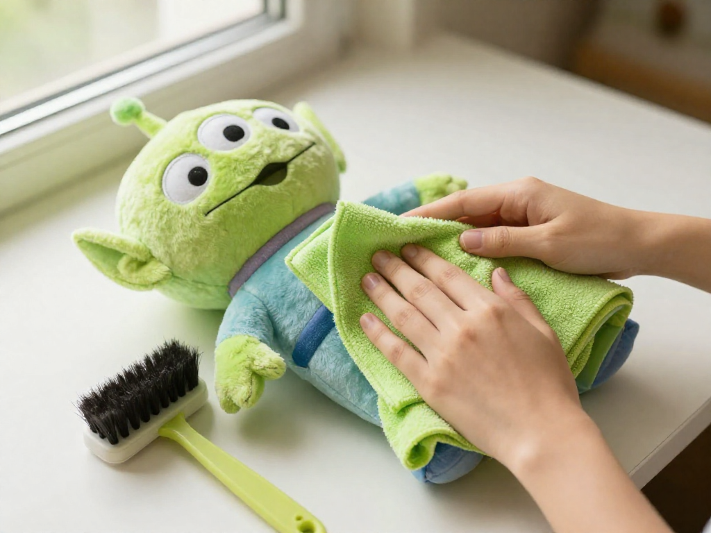 Person's hands gently dusting a vintage plush alien toy with a microfiber cloth and a brush by a window.
