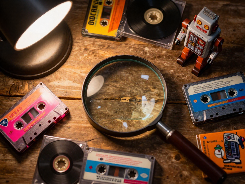 Overhead view of a wooden table scattered with retro items such as cassette tapes, vinyl records, and a toy robot, with a magnifying glass placed over them.