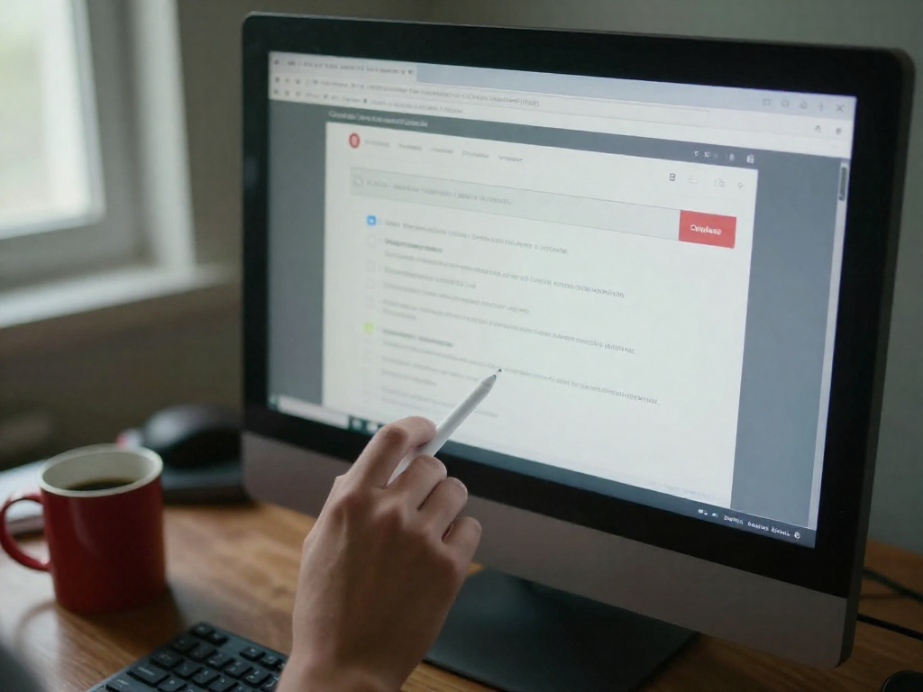 A computer screen showing a generic online marketplace with a filter being applied, on a desk with a keyboard and coffee mug.