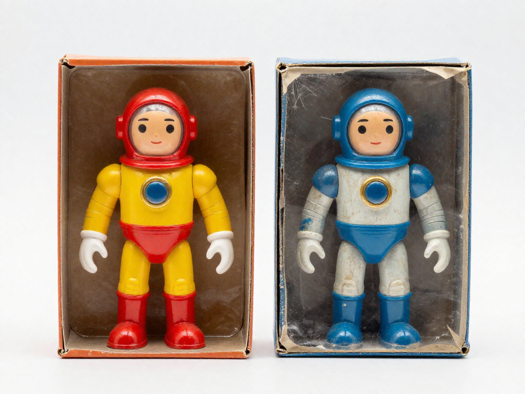 Two identical action figures in boxes, one in mint condition and the other heavily worn, placed side by side on a white surface.