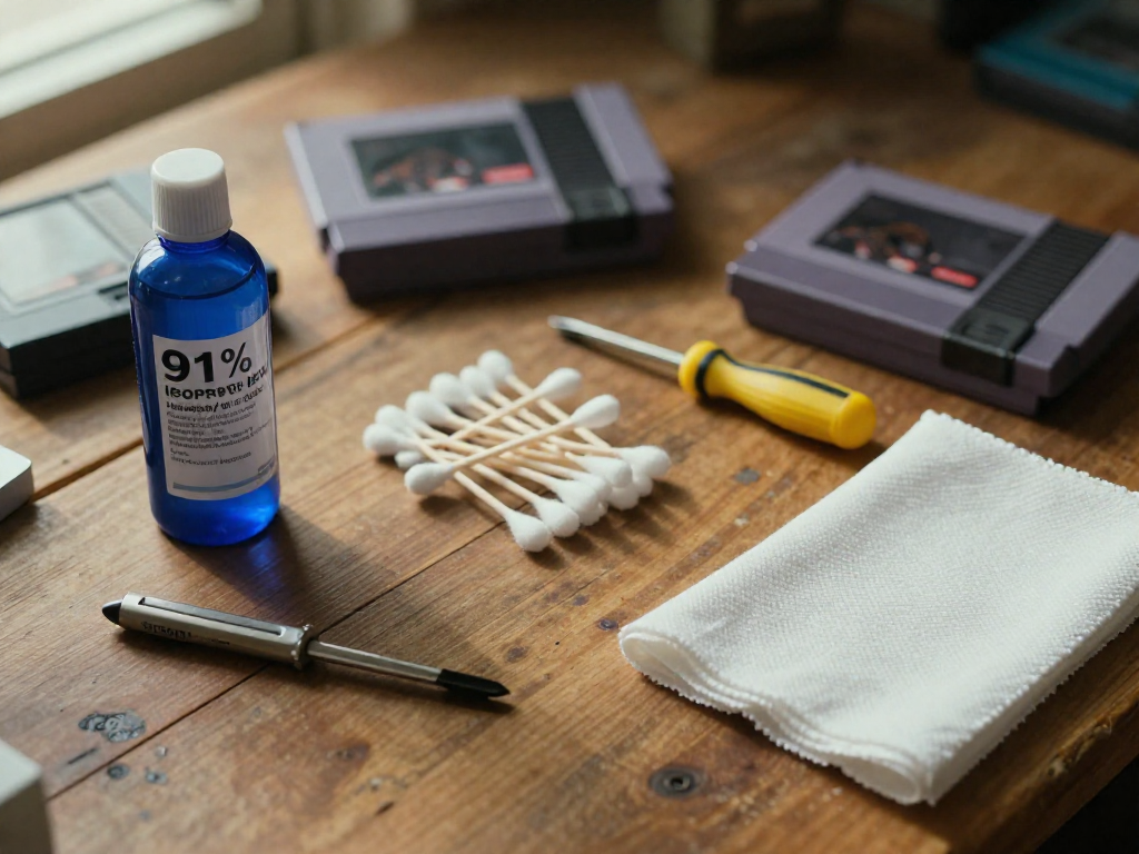 A flat lay of cleaning supplies for retro game cartridges: isopropyl alcohol, cotton swabs, a security screwdriver, and a microfiber cloth arranged on a wooden table.