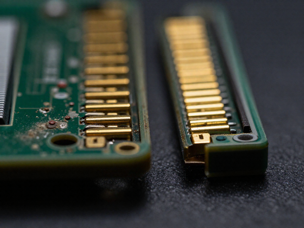 A split before-and-after image comparing a cartridge connector with green corrosion and the same connector with clean, shiny gold contacts.