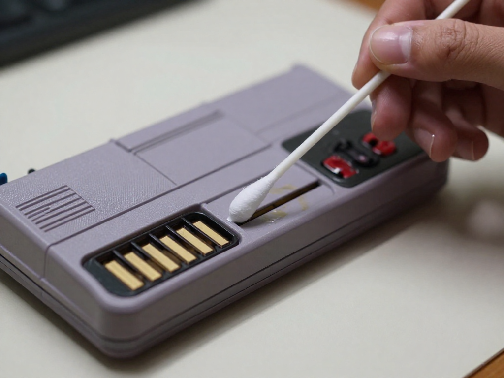 A close-up of a hand using a cotton swab to clean the gold pins of a game cartridge in one direction.