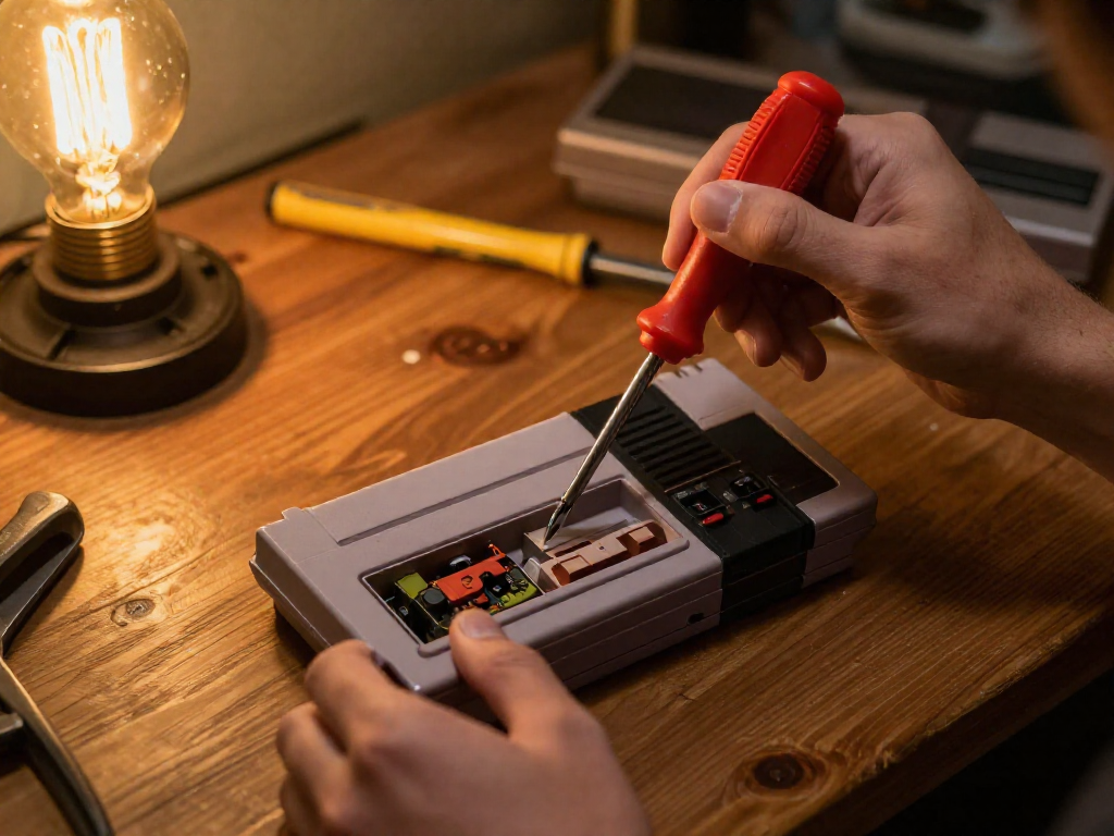 Hands using a special screwdriver to open the plastic case of an NES game cartridge on a wooden workbench.