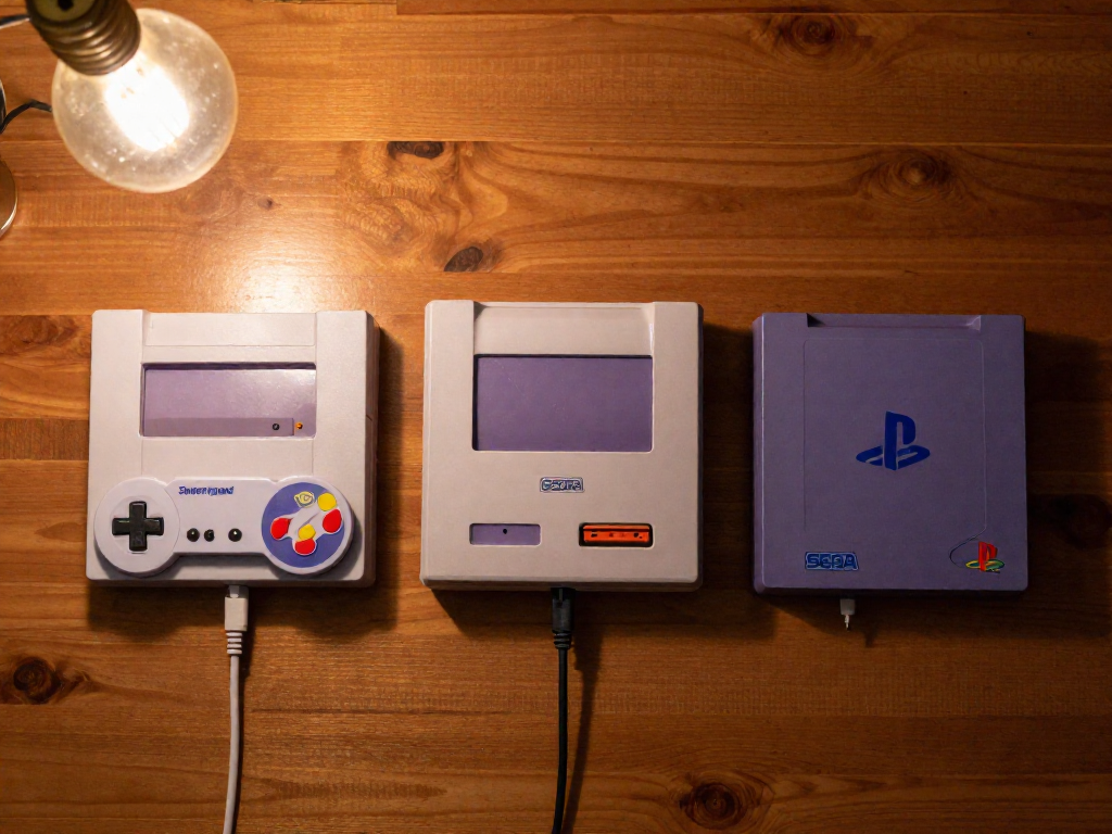 Three retro game consoles with their distinctive video cables laid out on a wooden table for comparison.