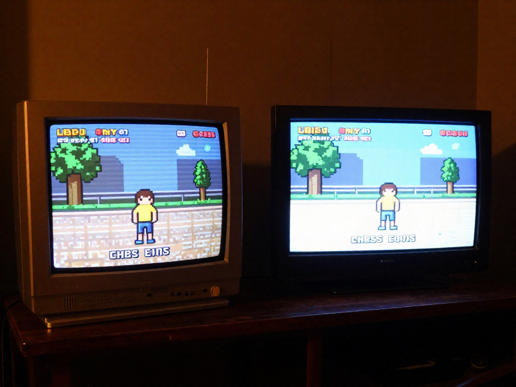 Two televisions side by side in a dim room, one CRT showing a retro game with blurry composite video and one HDTV showing the same game with sharp upscaled graphics.