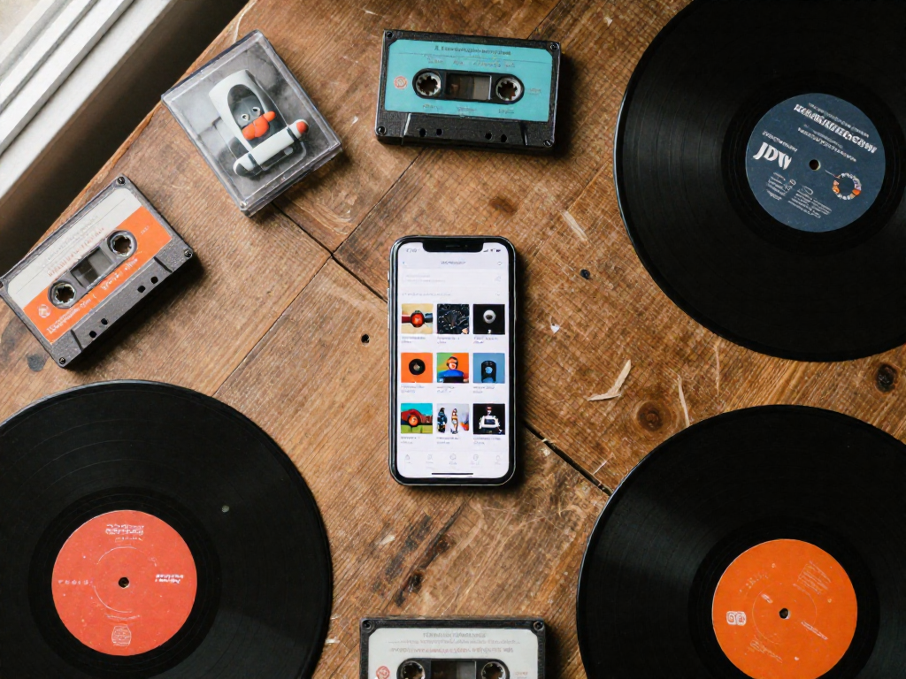 Overhead view of vintage toys, vinyl records, and cassettes on a wooden table, with a smartphone showing a collection catalog app.