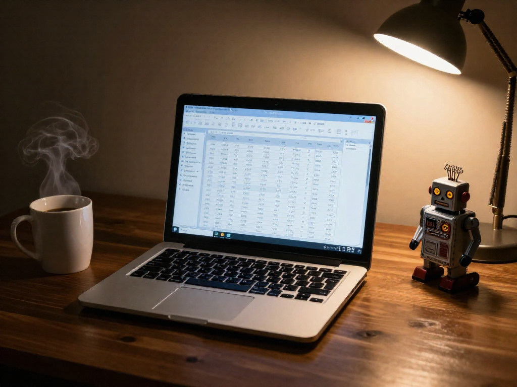 Laptop displaying a simple spreadsheet for cataloging a collection, with a coffee cup and toy robot on a desk.