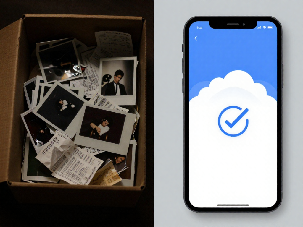 Side-by-side comparison of a messy shoebox of receipts versus an organized cloud backup on a phone.