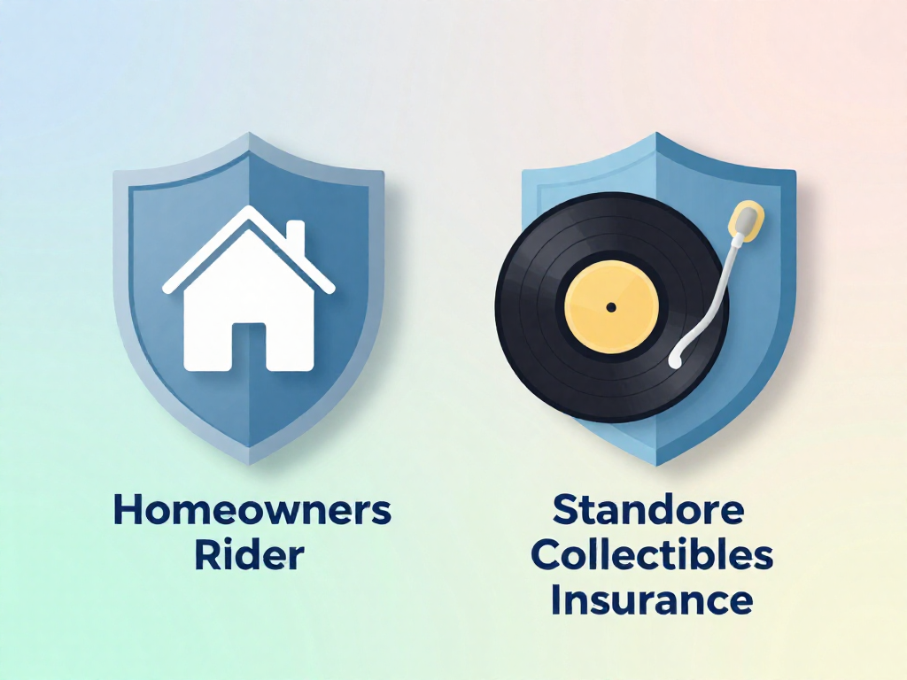 Infographic comparing a homeowners insurance rider and standalone collectibles insurance using house and vinyl record icons with protective shields.