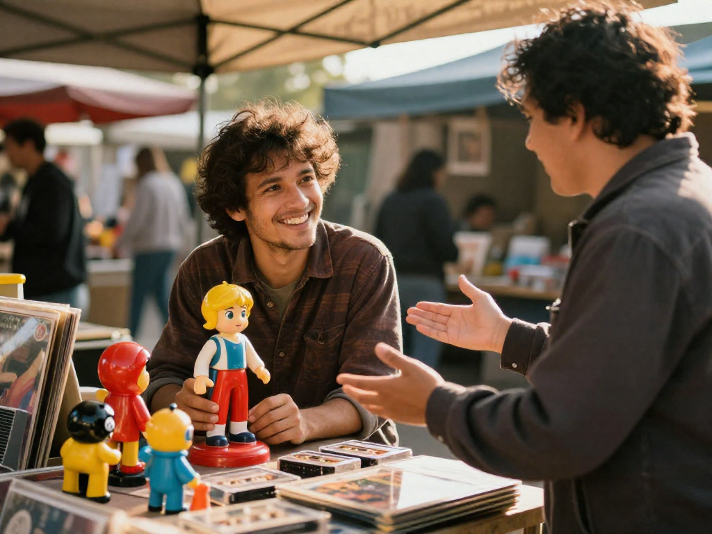 Two people smiling and chatting at a sunny flea market booth filled with vintage toys and records.