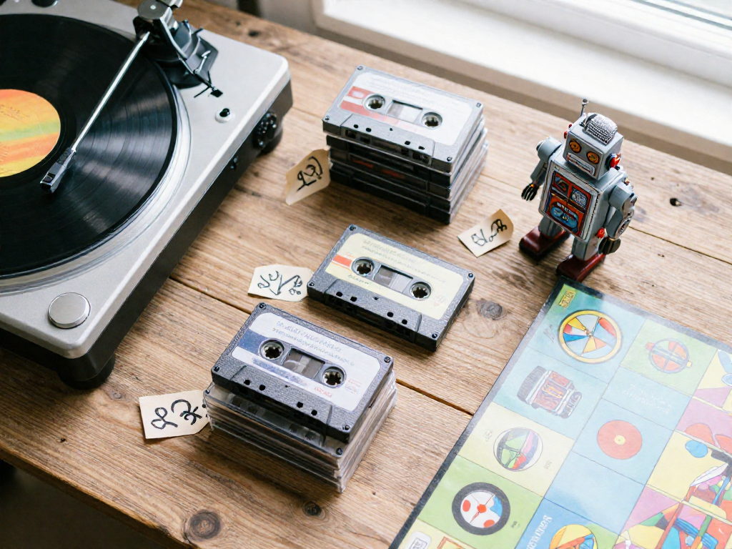 Top-down view of retro collectibles including a turntable, cassettes, and toys, each with a small paper price tag, arranged on a wooden surface.
