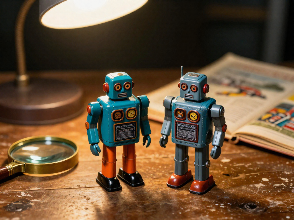Two retro robot action figures on a wooden desk, one authentic with neat glossy paint, the other a bootleg with messy paint, under a desk lamp with a magnifying glass nearby.